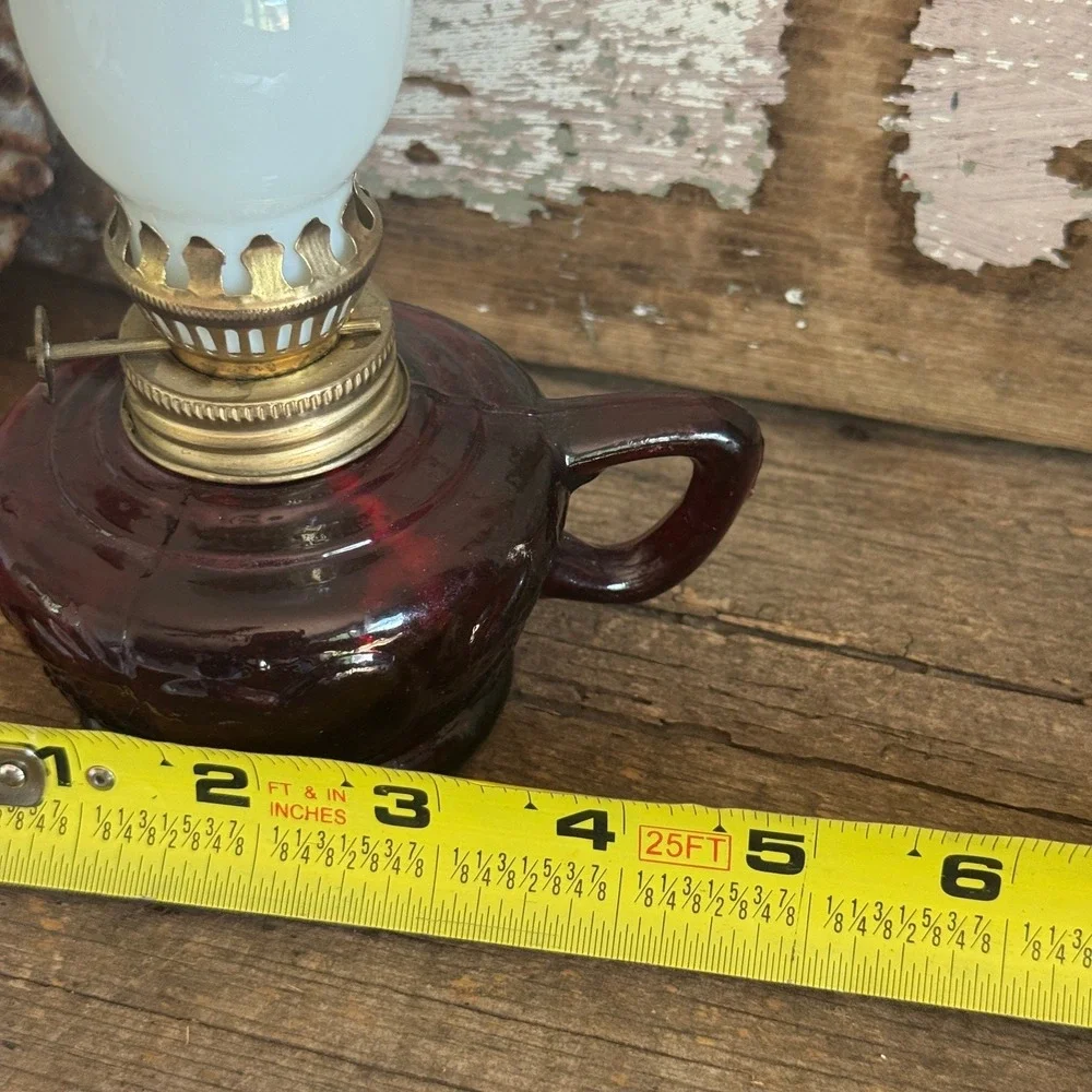 Vintage Ruby Red Glass Miniature Finger‎ Oil Lamp with White Milk Glass Chimney